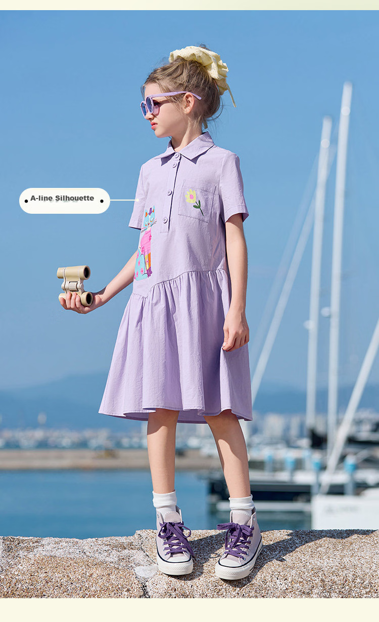 CHANZUIGOU Girls' Taro Purple Pure Cotton Shirt Dress 2026 Summer New Stylish Dopamine Print Dress 9